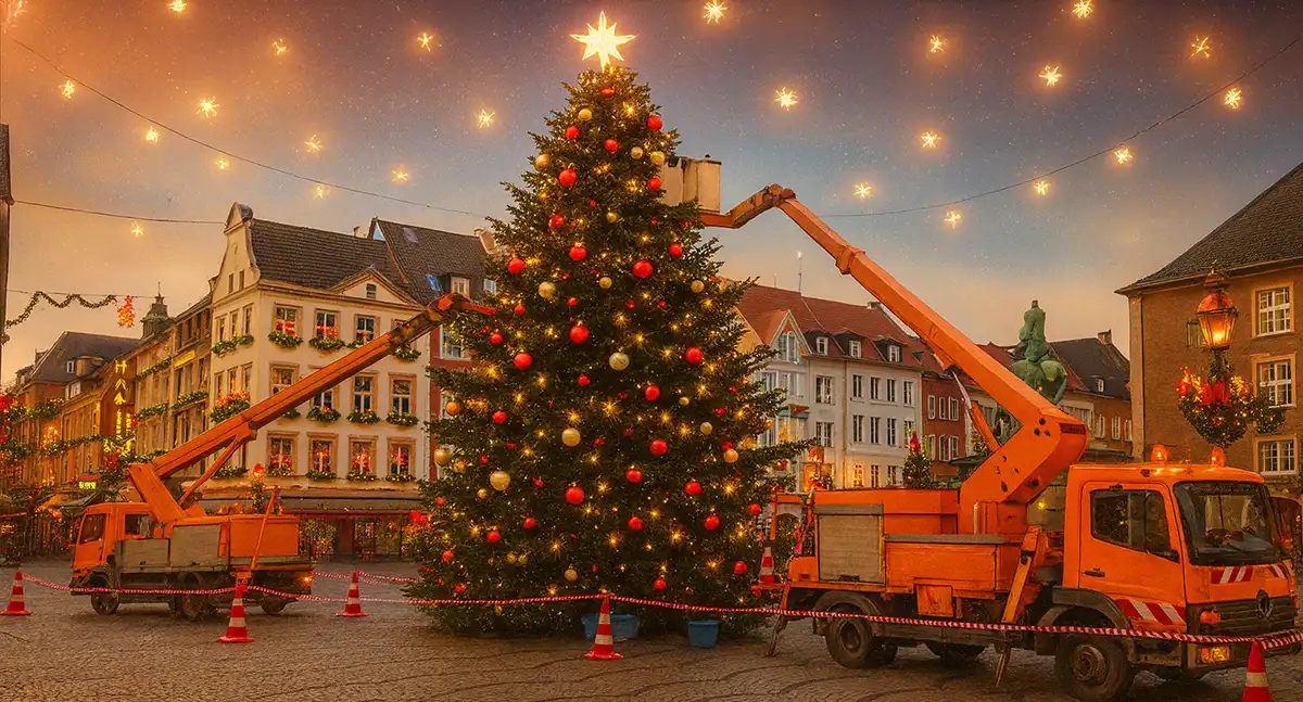 Der Weihnachtsbaumaufbau vor dem Düsseldorfer Rathaus