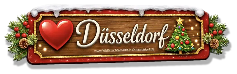 Weihnachtliches Schild mit Herz, Düsseldorf und Weihnachtsbaum