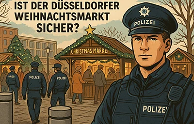 Sicherer Düsseldorfer Weihnachtsmarkt mit Polizei und Pollern bei Nacht