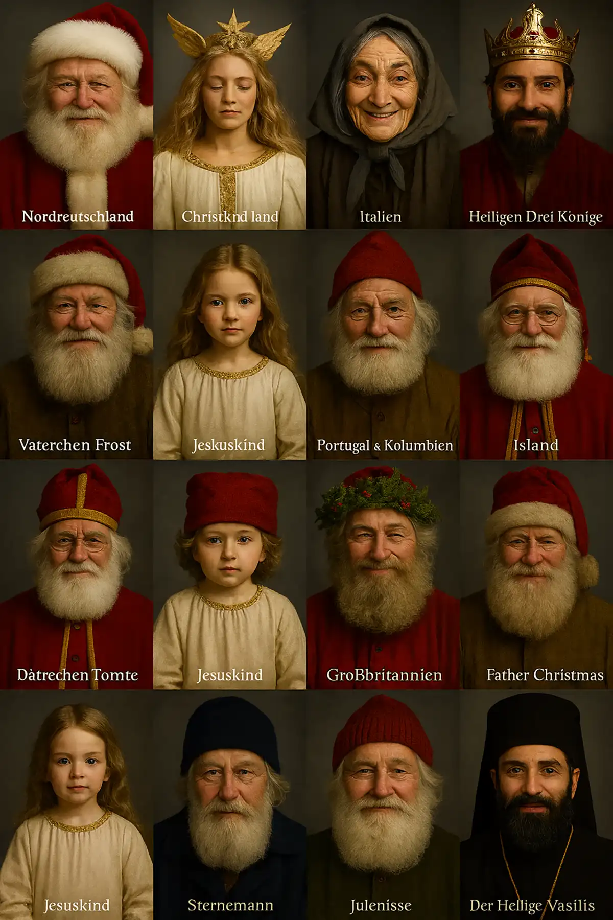 Mugshots der internationalen Weihnachtsfiguren – Weihnachtsmann, Befana, Tomte, Julenisse und mehr